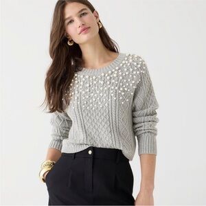J.Crew Pearl Embellished Cotton Cable-Knit Sweater Gray Medium Style #BS979